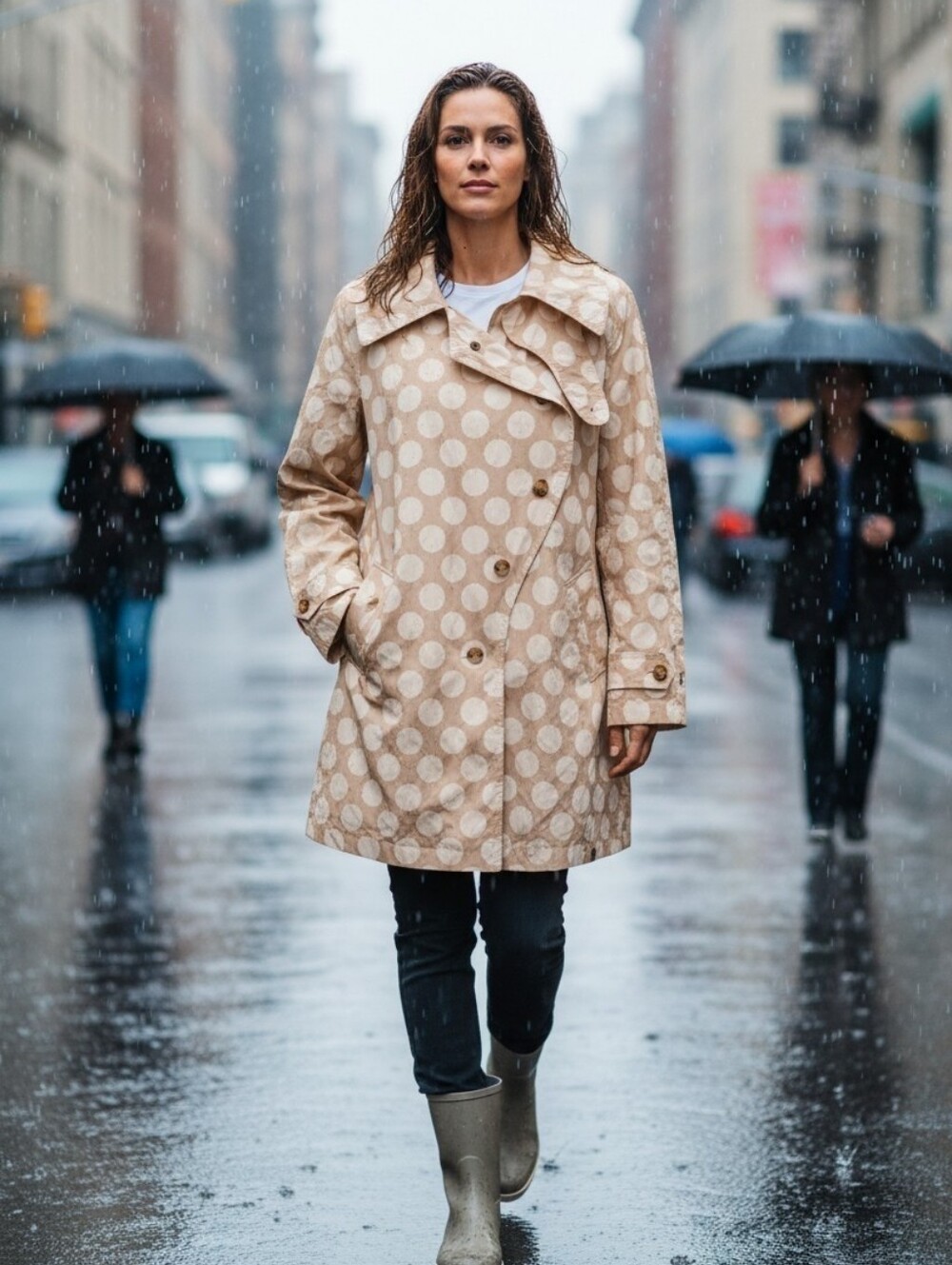 RAMOSPORT | Cute Tan & Cream Polkadot Flare Rain Coat | size L